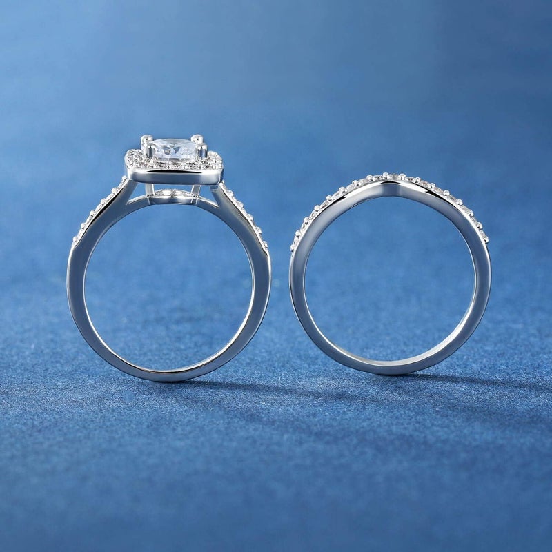 MDFUN 18K White Gold Plated Cubic Zirconia Two-In-One Halo Wedding Engagement Promise Eternity Ring for Women Size 8.5 - Image 5
